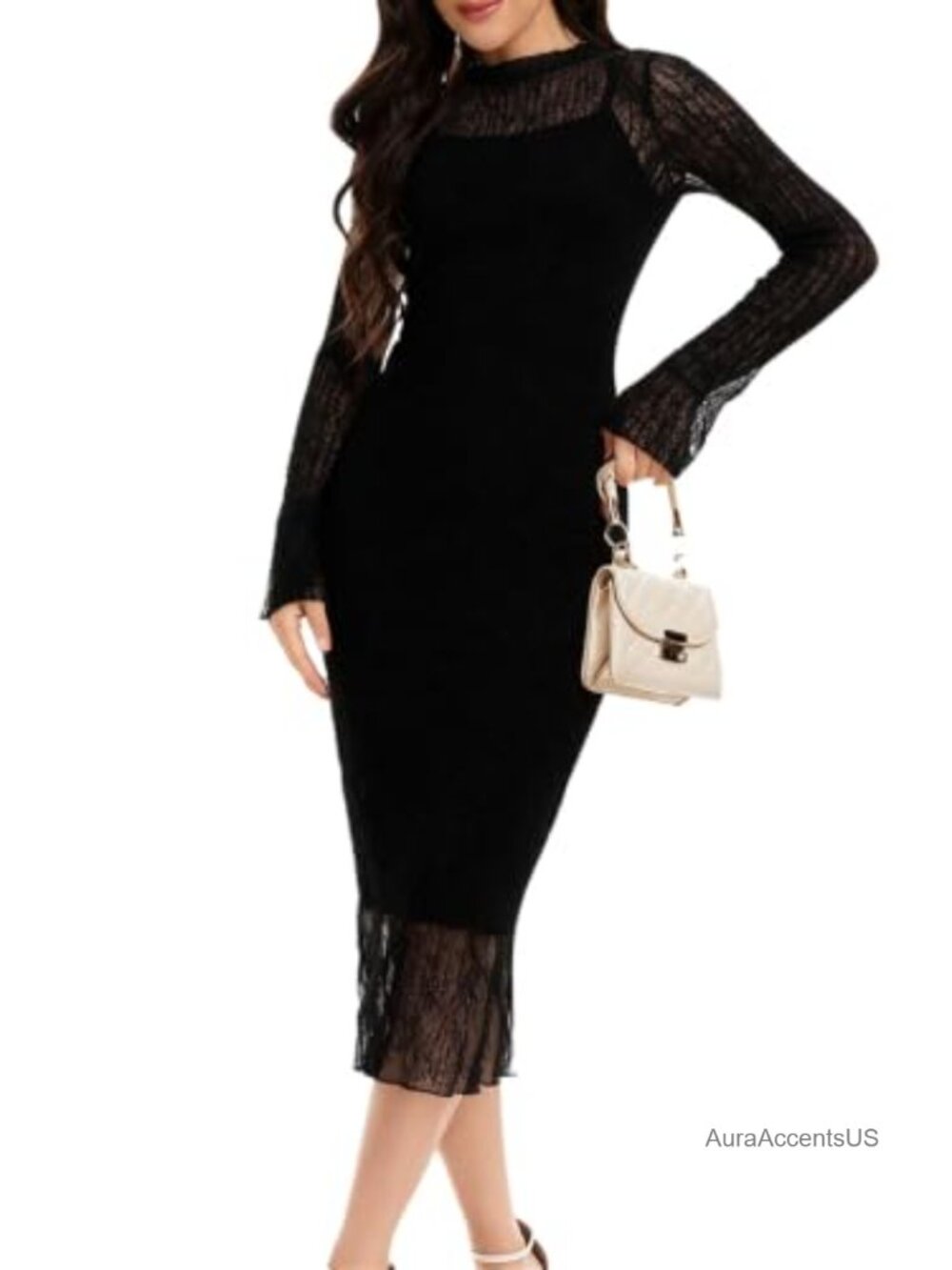 Women's Bodycon Midi Dress Set with Sheer Lace Cover-Up